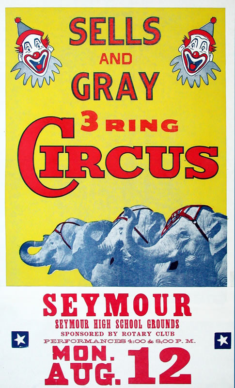 Three elephants at lower right; yellow, red, blue