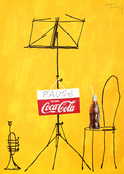 Chair with Coke bottle beside music stand; yellow, black, red, white