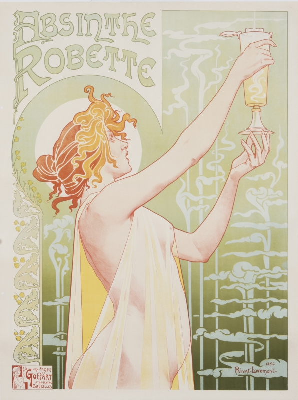 Young woman in diaphanous robe admires glass of absinthe; green, yellow, gold