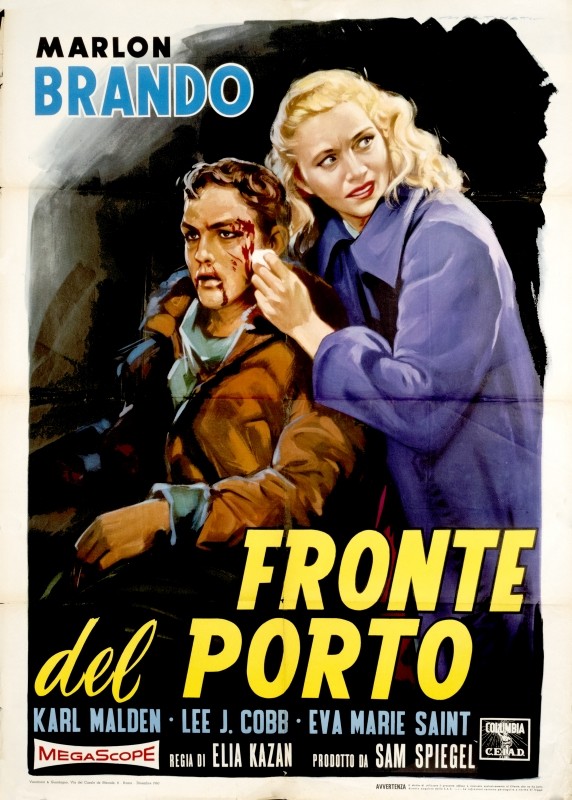 Eva Marie Saint cleans a wound on Marlon Brando's face for the movie; purple, black, yellow, brown, blue