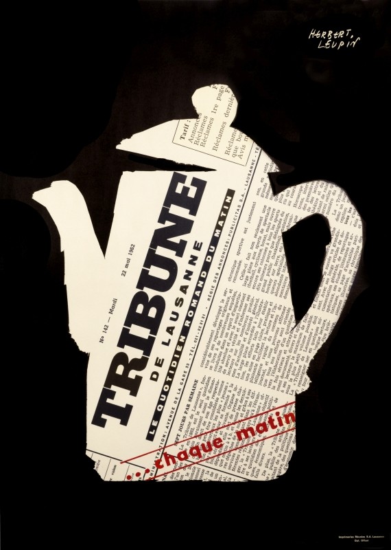 Tea kettle shape made of newspaper's front page; black, white, red