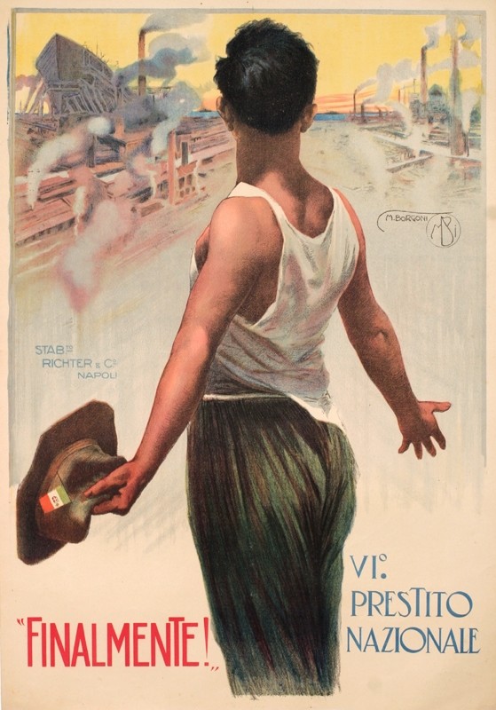 Man with hat beholds ship rising at dock ; grey, brown, red, yellow