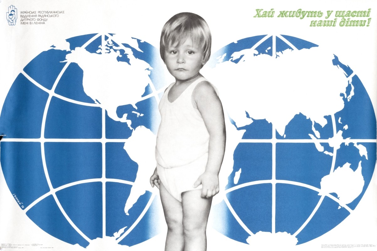toddler against background of stylized map of the world; blue, white, grey