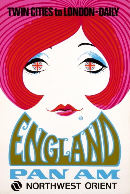 Woman's face with Union Jack eyes and Twiggy hair, Pan Am dimple; red, pink, blue, green