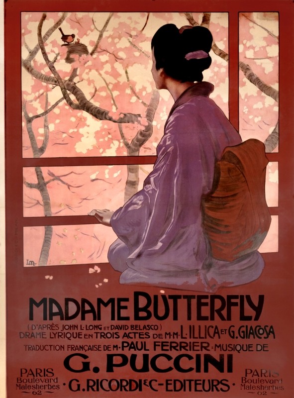 Madame Butterfly looks out window at robin making nest; maroon, pink, white