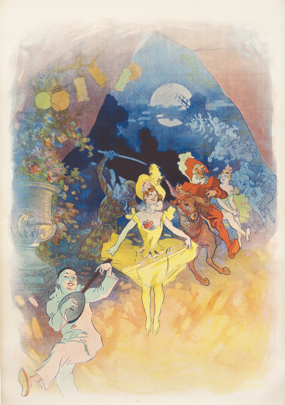 Musicians and a festival scene with moon in the background; red, blue, yellow, orange, red