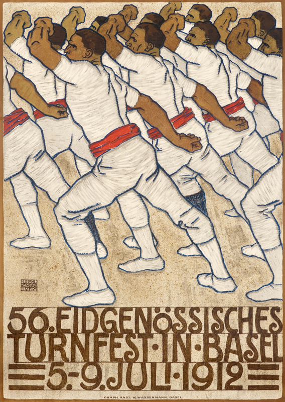 Crowd of gymnastics athletes in position; brown, red, blue