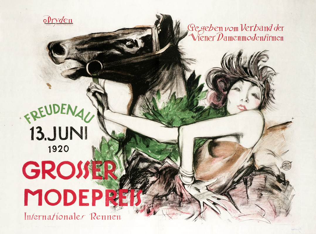 Woman holds horse by reins; green, black, red