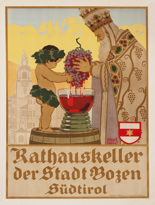 Bishop and cherub making wine; green, yellow, red, gold