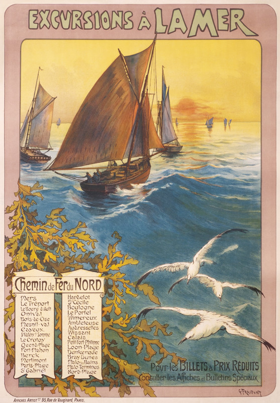 Sailboats at sunset, seaweed and seagulls; green, blue, yellow