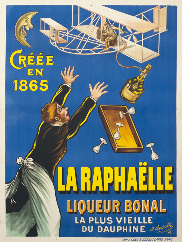 Waiter runs after Wright Brothers airplane that steals liquor from his tray; blue, yellow, brown