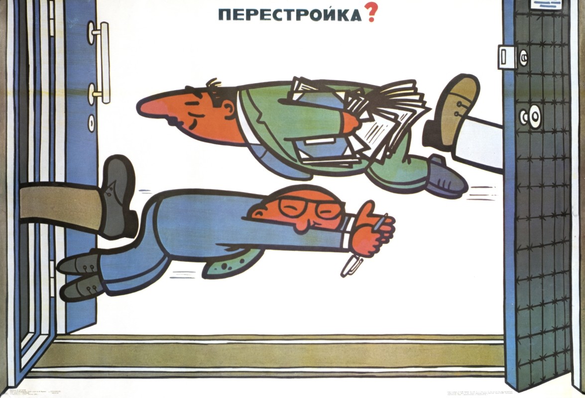 two office workers flying out the door; green, yellow, white, black