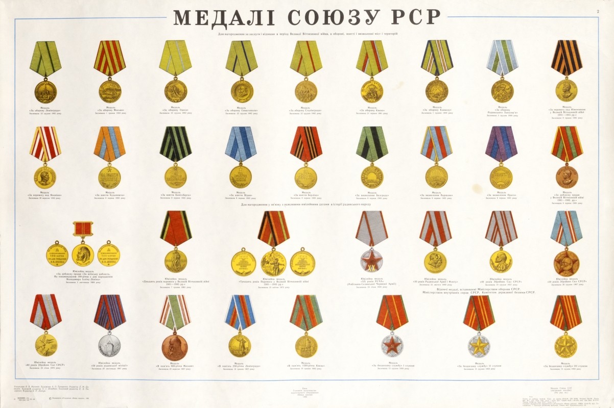 rows of war medals; yellow, black, red