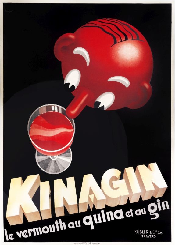 Balding man peers over rim of cocktail glass; red, yellow, black