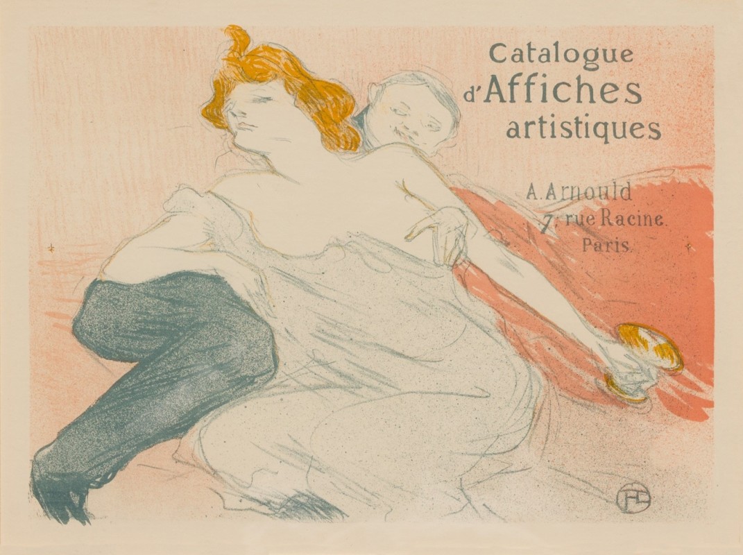 A half clothed woman on a sofa with a finished champagne glass while a lover fondles her; red, black,