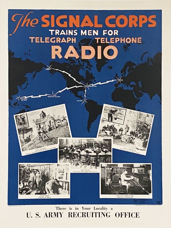 Radio waves move around globe with insets of corpsmen; blue, red, white