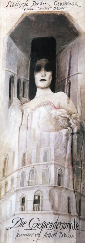 woman in white with shadowed face fading in front of tower; white, black, brown