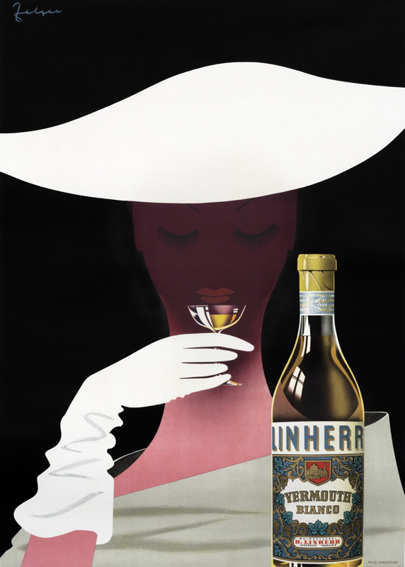 Woman in wide hat holds glass of vermouth; black, white, pink