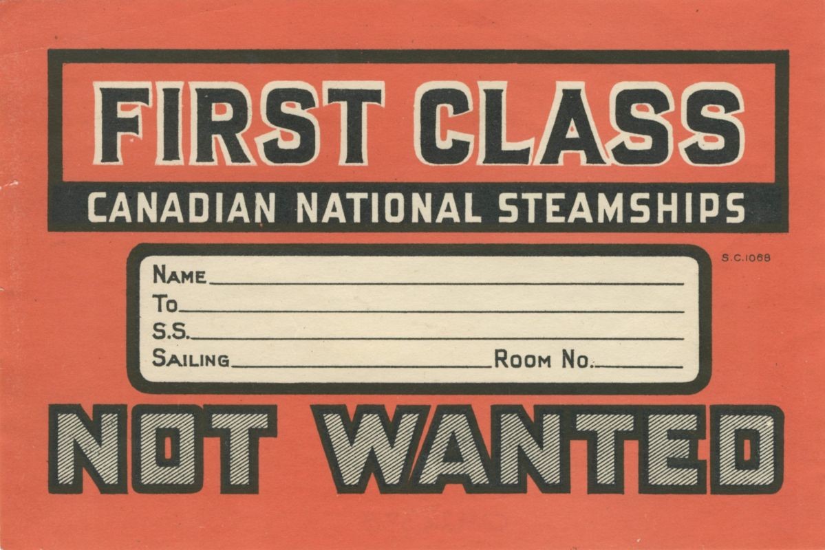 First class tag; orange, black, white