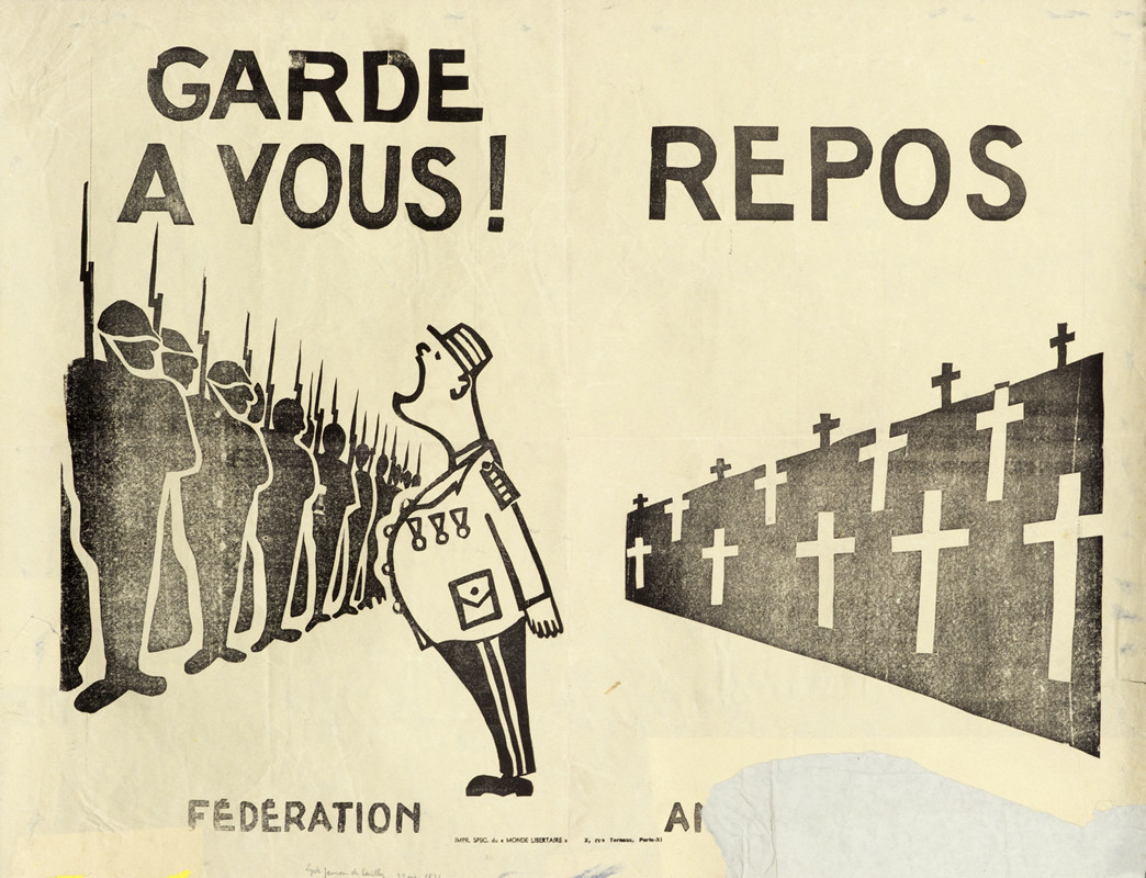 Officer screams at soldiers, "Attention, At Ease" with play on words of French word Repos over gravestones; black, white