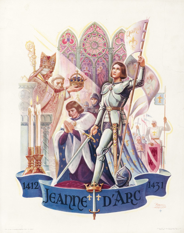 Joan of Arc getting coronated in armor; blue, pink, brown