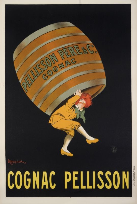 Boy bends under weight of cognac cask; brown, black, yellow