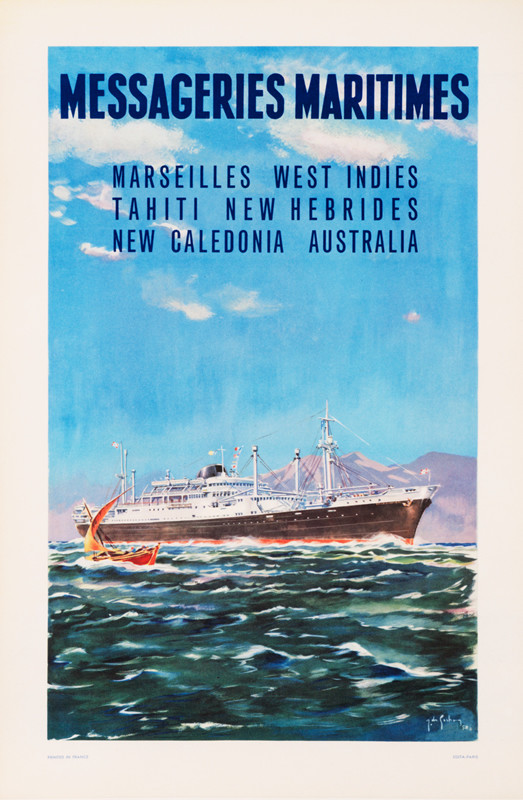 Ocean liner with mountainous coast and sailing dory; blue, green, red