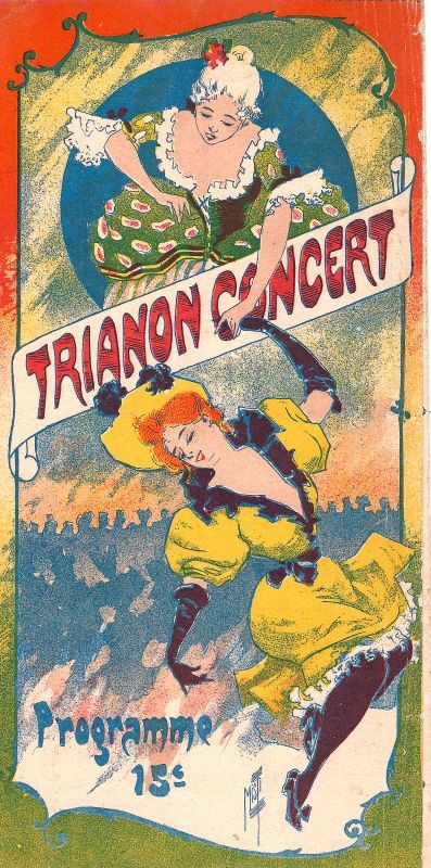 Trifold, two women dancing; red, yellow, green