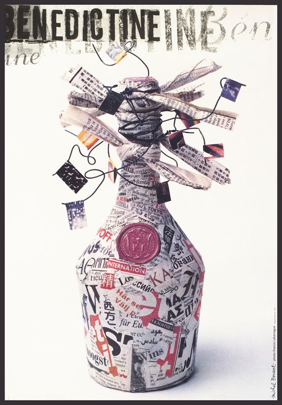 Benedictine bottle covered with torn newspaper, wax stamp, wires; red, black, white