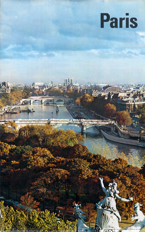 overhead view of paris and the seine with landmarks in background; yellow, blue, white, black