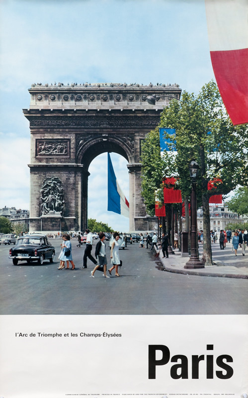 view of the arc de triomphe and champs elysees; red, blue, white, green, black
