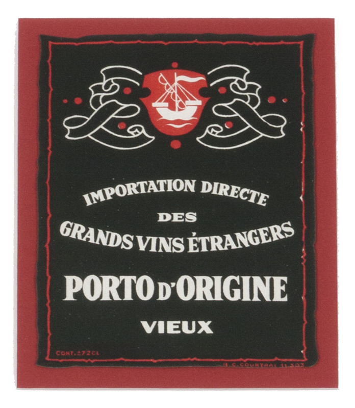 Ship and banner design with text; red, white, black