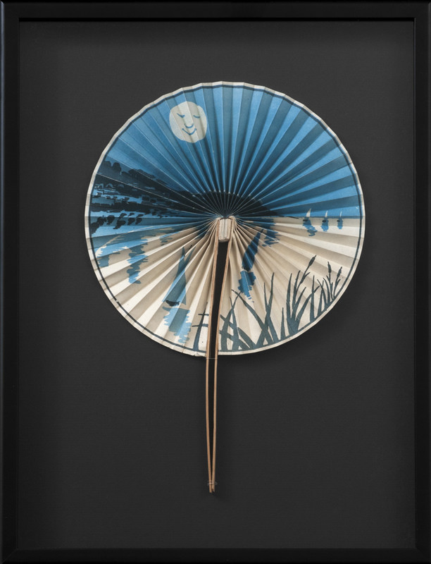 Fan with blue moon and boats on water; blue, white