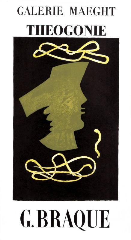 Abstract man's profile and squiggle lines; black, green, yellow