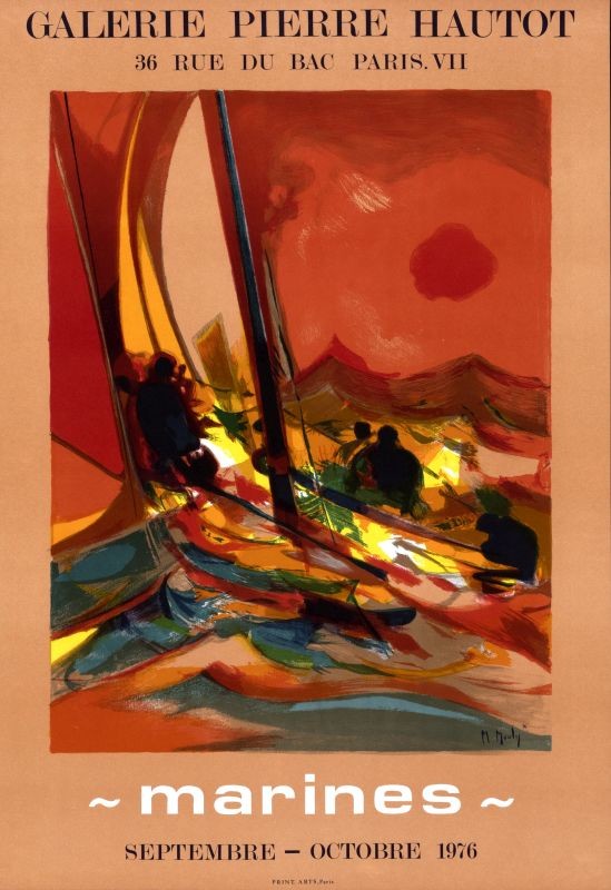 abstract sailboat with sailors; pink, red, yellow