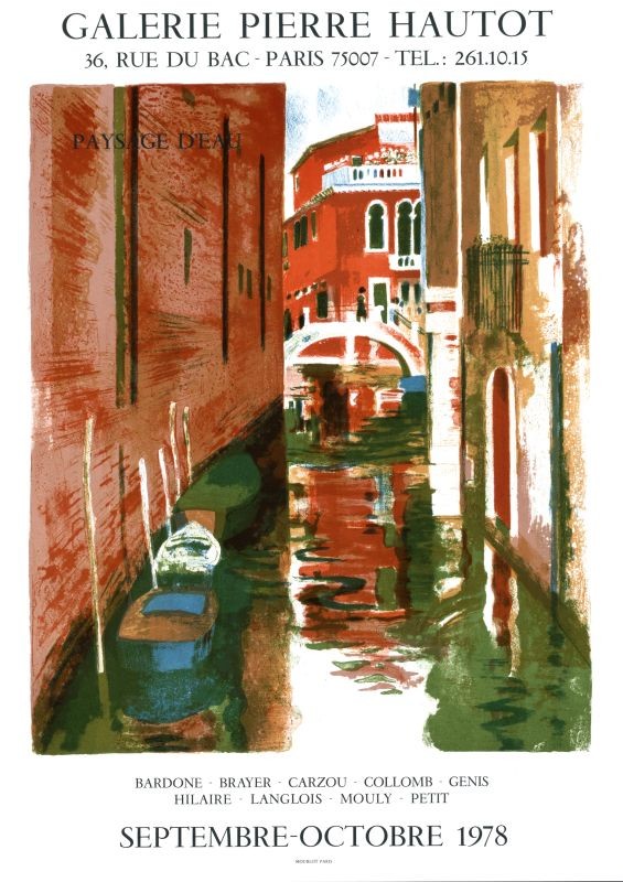 view of Venice canal and boats; red, green