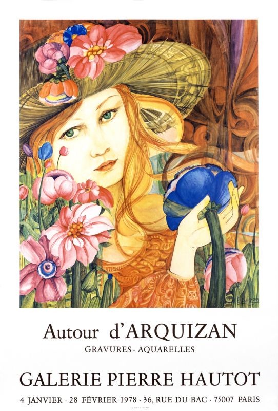 woman in hat surrounded by flowers; pink, orange, blue