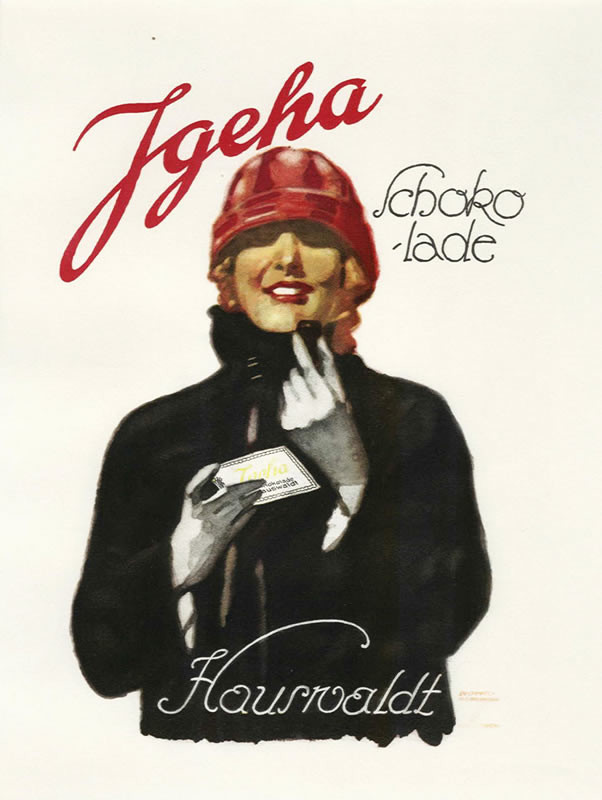 Woman in hat, coat and gloves holds chocolate bar; black, red, brown