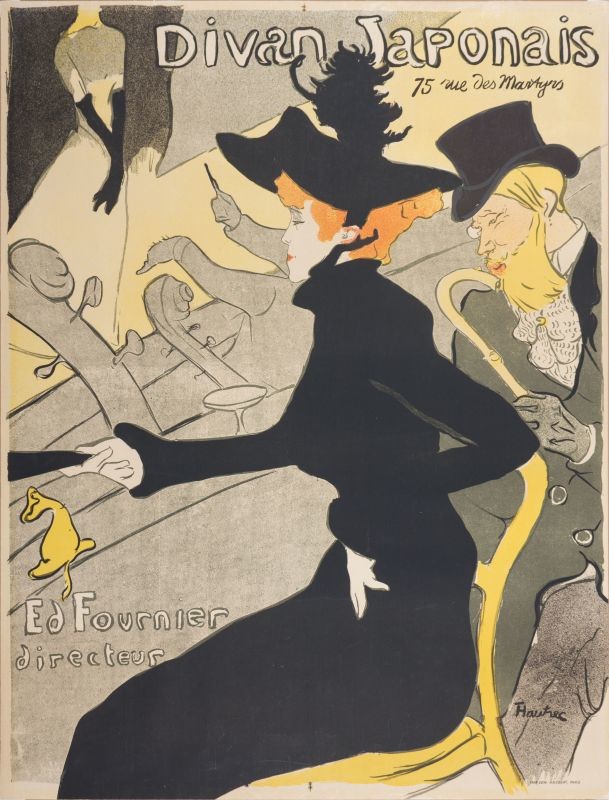 Woman in black and man in top hat watching stage show; black, orange, yellow