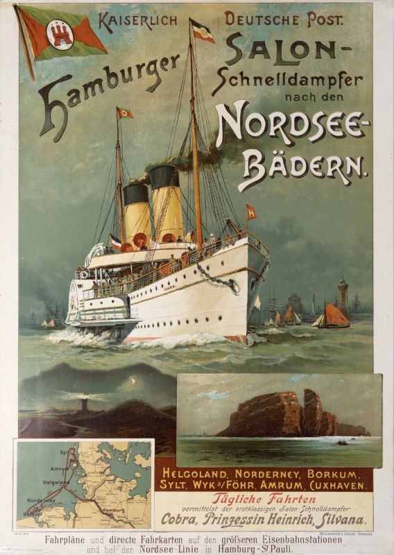 Steamer in rough seas heads out of port and sailboats; blue, gray, beige, brown