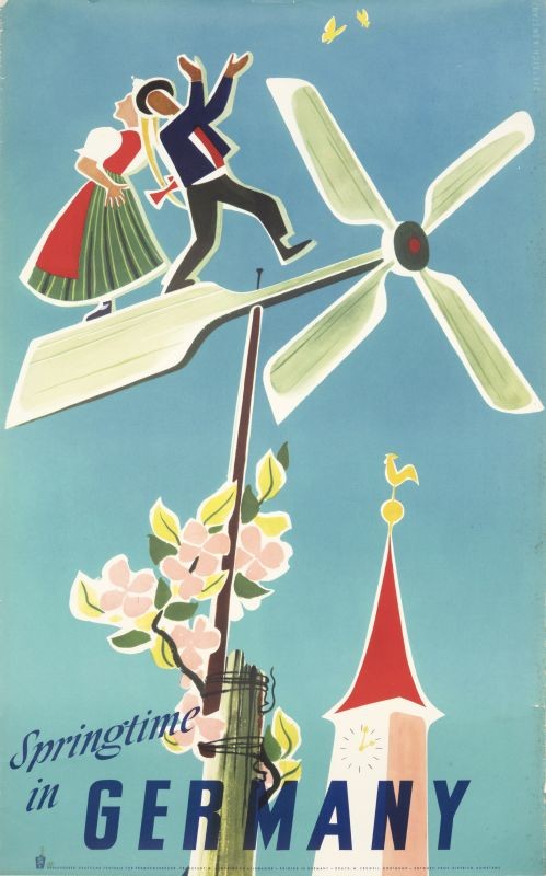 Couple on minimalist windmill with flowers and clocktower; blue, green, red, pink