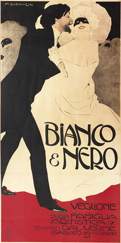 Elegant couple in black and white formal dress; black, white, red