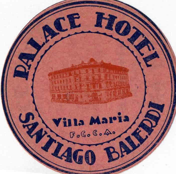 Image of hotel, text; red, blue, pink