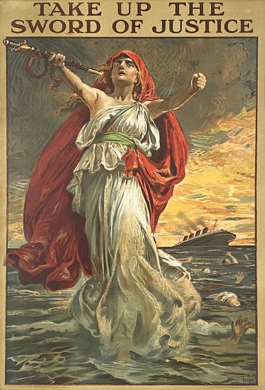 Woman holding sword with Lusitania sinking in the waters; red, yellow, blue