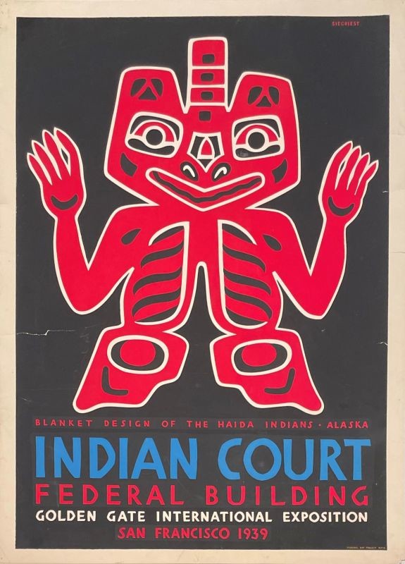 Haida blanket design featuring figure with raised arms; white, red, black