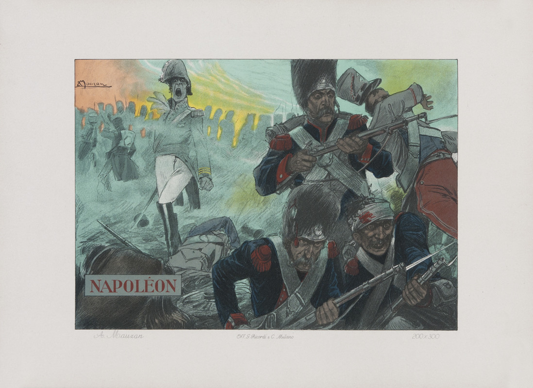 Napoleon shouts in bloody battlefield; blue, brown